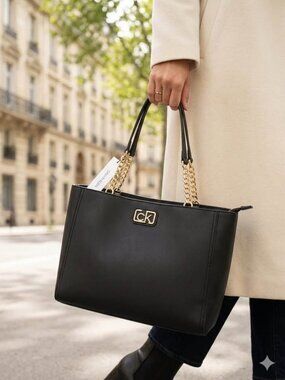 Calvin Klein Black Saffiano Chain Tote Bag – Gold-Tone Hardware – NWT MSRP 228.0